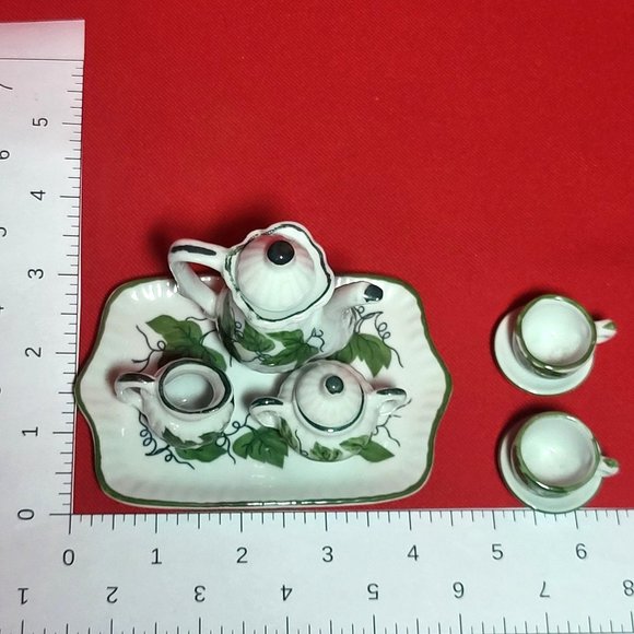 VTG Miniature Teapot Set Ivy Green Leaves 10 Pc - Picture 9 of 15